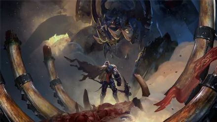 HD PC desktop wallpaper/background: an armored fantasy warrior stands atop blood-streaked bones, cloak unfurled, confronting a towering nightmarish creature beneath stormy skies.