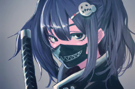 Anime-style 4K Ultra HD desktop wallpaper featuring an original character with dark hair, a black mask with a toothy grin, and a skull hairpin.