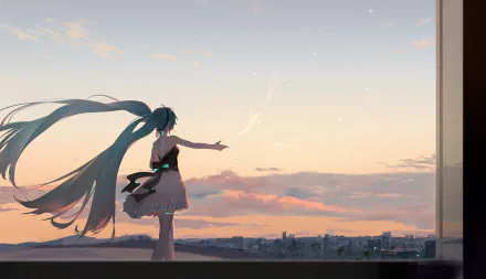 HD anime desktop wallpaper featuring Hatsune Miku, the iconic Vocaloid, standing by a window with a sunset cityscape in the background.