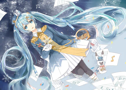 Hatsune Miku anime Vocaloid in an HD desktop wallpaper: long flowing blue hair and blue eyes, wearing a hat and ornate outfit, floating amid scattered sheet music.