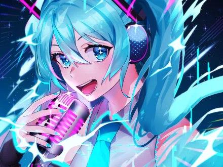 HD anime desktop wallpaper featuring Hatsune Miku from Vocaloid, showcasing her with vibrant blue hair, glowing eyes, and a dynamic pose holding a microphone.