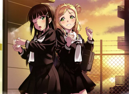 Mari Ohara and Dia Kurosawa from Love Live! Sunshine!! in school uniforms smiling at sunset, 2K Quad HD anime PC desktop wallpaper/background.