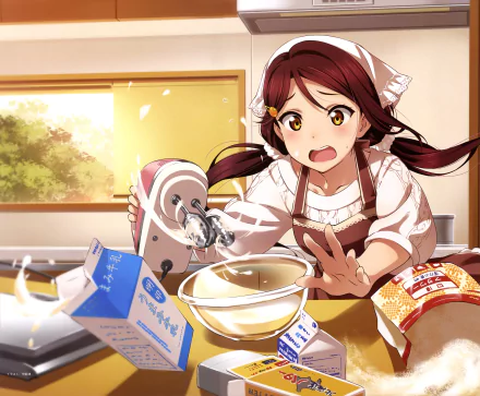Riko Sakurauchi from Love Live! Sunshine!! is shown with yellow eyes and brown hair, looking surprised while cooking in a kitchen filled with ingredients and utensils.
