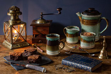 brownie book lantern mug coffee photography still life HD Desktop Wallpaper | Background Image