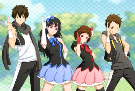 HD PC desktop wallpaper featuring Satoshi Fukube, Hōtarō Oreki, Mayaka Ibara, and Eru Chitanda from the anime Hyouka posing outdoors by a fence.