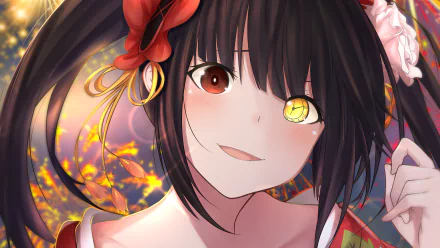 A stunning HD wallpaper featuring Kurumi Tokisaki from the anime Date A Live, showcasing her striking heterochromia and a captivating, playful expression against a vibrant background.