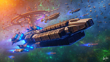 A striking HD space-themed wallpaper featuring a futuristic spaceship navigating through asteroid-laden space, with a space station prominently in the background.