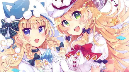 Colorful anime original 2K Quad HD PC desktop wallpaper of two blonde girls in frilly outfits and hats, one with green eyes and one with purple eyes, smiling amid ribbons, bows and star accents.