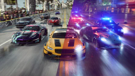 2K Quad HD PC wallpaper: Need for Speed Heat video game — sports cars racing on wet city streets, day-to-night split, chased by police with flashing lights.