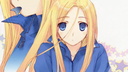 Nino (Arakawa Under the Bridge) close-up: long blonde hair, blue eyes, wearing a blue zip-up jacket with a gentle expression — HD anime PC desktop wallpaper/background.