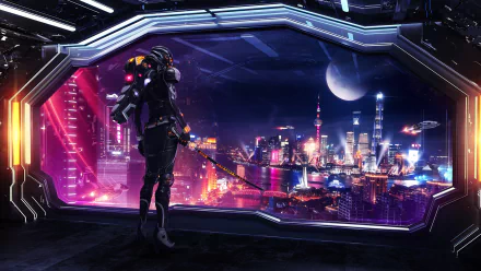 A futuristic cyberpunk warrior with a sword overlooks a vibrant sci-fi Shanghai cityscape under a glowing moon, blending advanced technology and neon-lit skyscrapers.