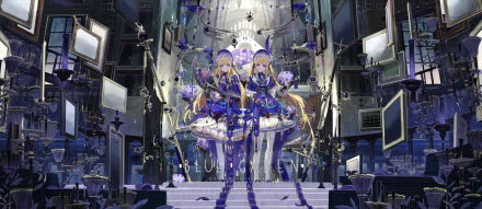 HD PC desktop wallpaper featuring original blonde anime characters in intricate blue outfits, surrounded by floating screens in a futuristic, cathedral-like setting.
