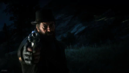 Arthur Morgan from Red Dead Redemption 2 aiming a revolver in a dark, atmospheric 4K Ultra HD video game desktop wallpaper.