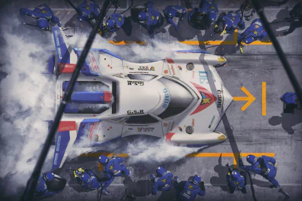 A high-definition artistic wallpaper featuring a race car in a pit stop surrounded by mechanics. The dynamic scene emphasizes the precision and teamwork in racing.