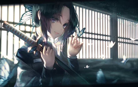 HD anime wallpaper featuring Shinobu Kochou from Demon Slayer: Kimetsu no Yaiba, holding her sword with butterflies around her, in front of a Japanese-style window.
