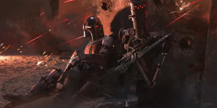 HD PC desktop wallpaper featuring IG-11 and The Mandalorian characters from the TV show The Mandalorian in a dramatic battle scene.