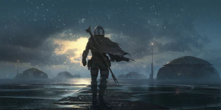 HD PC desktop wallpaper featuring The Mandalorian character from the TV show The Mandalorian, standing alone in a moody, rain-soaked landscape under a glowing sky.