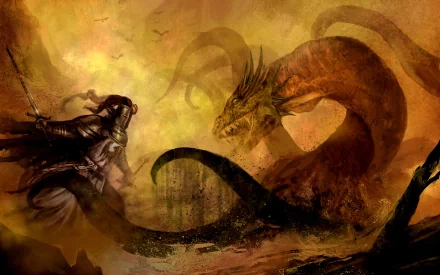 HD desktop wallpaper featuring a fantasy warrior knight confronting a menacing hydra amidst a fiery, mystical backdrop.