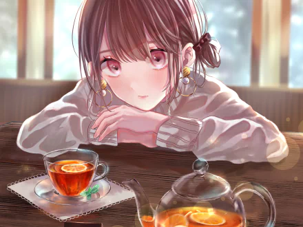 Anime-style original artwork of a girl with brown hair resting on a table beside a glass teacup and teapot, rendered as an HD PC desktop wallpaper.
