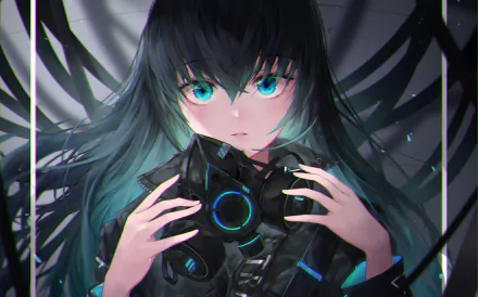 Anime character with aqua hair and blue eyes holding a gas mask, depicted in an HD desktop wallpaper.