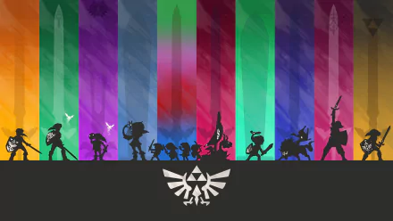 4K Ultra HD PC desktop wallpaper featuring silhouettes of Link from The Legend of Zelda series against colorful vertical stripes with a Triforce emblem below.