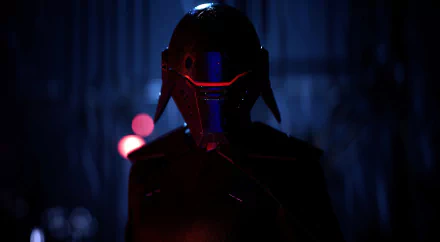 Dark, intense HD desktop wallpaper of the Second Sister from Star Wars Jedi: Fallen Order, featuring her iconic helmet with a glowing red visor in a shadowy environment.