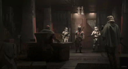 HD desktop wallpaper featuring stormtroopers and The Mandalorian character from the Star Wars TV show The Mandalorian in a dimly lit interior scene.