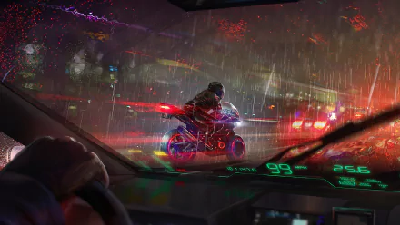 HD desktop wallpaper depicting a futuristic motorcycle scene in a cyberpunk, rainy city environment, viewed from inside a vehicle.