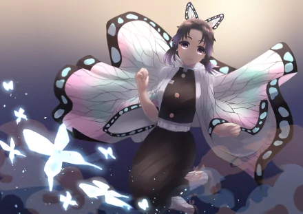 Shinobu Kochou, Anime character from Demon Slayer: Kimetsu no Yaiba, 4K Ultra HD PC desktop wallpaper and background — standing in butterfly-wing haori with glowing butterflies against a dusky sky.