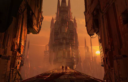 A futuristic sci-fi cityscape at sunset with towering buildings and two astronauts walking on a pathway, rendered in HD for a PC desktop wallpaper background.