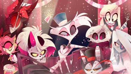 A vibrant HD wallpaper from the TV show Hazbin Hotel, featuring a colorful cast of characters in a lively setting filled with playful expressions and dramatic flair.