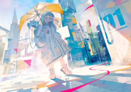 A blonde anime character holding an umbrella stands in a vibrant, futuristic cityscape, rendered in 4K Ultra HD as an original anime city desktop wallpaper.