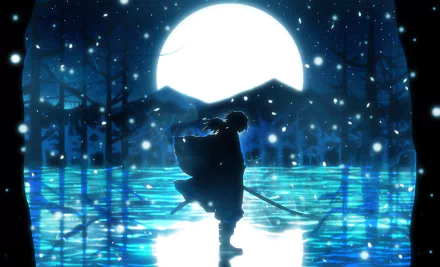 HD wallpaper featuring Giyuu Tomioka from Demon Slayer: Kimetsu no Yaiba. He stands silhouetted against a full moon, surrounded by snow and a reflective lake.