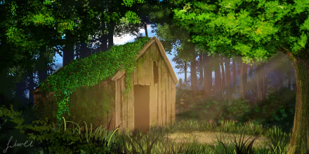 HD anime desktop wallpaper depicting a small wooden hut surrounded by lush green trees and sunlight filtering through the forest canopy.
