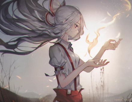 Fujiwara no Mokou from the anime Touhou stands gracefully with flowing hair, surrounded by a glowing aura, depicted in this HD desktop wallpaper.