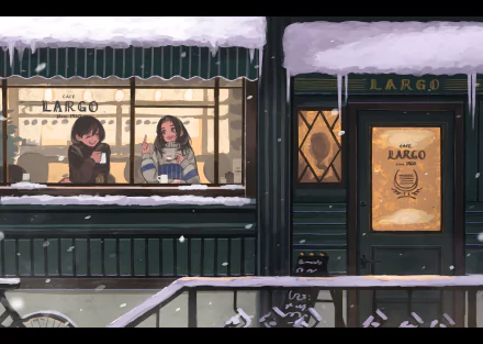 A cozy anime scene featuring two girls with brown eyes and hair, enjoying drinks inside a charming shop named LARGO, framed by a snowy landscape outside.