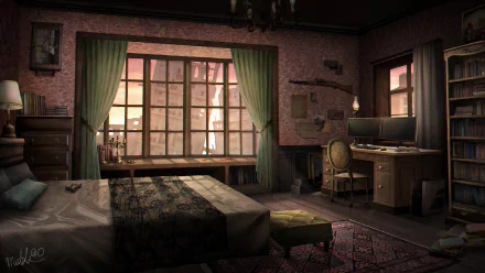 Anime-style cozy room with a bed, curtains, desk, and computer, rendered as a detailed 4K Ultra HD PC desktop wallpaper and background.