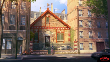 HD desktop wallpaper of a house featured in the Miraculous Ladybug TV show, showcasing detailed urban architecture and vibrant lighting.