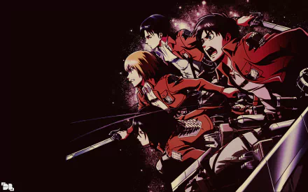 HD anime desktop wallpaper featuring Armin Arlert, Levi Ackerman, Mikasa Ackerman, and Eren Yeager from Attack on Titan in dynamic action poses.