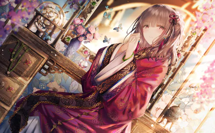 A beautifully detailed anime illustration featuring a character in a vibrant Chinese dress, set against an enchanting background of flowers and butterflies. 4K Ultra HD desktop wallpaper.