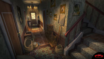 HD PC desktop wallpaper from TV show Miraculous Ladybug: dim, cozy hallway interior with staircase, patterned rugs, vintage paintings and a sunlit door at the far end.