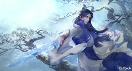 HD anime-style desktop wallpaper featuring a sword-wielding character in flowing robes against a snowy, tree-filled background.