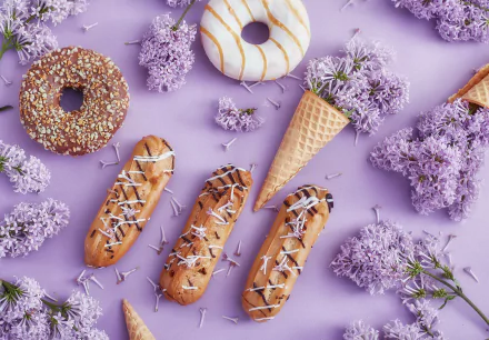 éclair still life purple flower waffle cone doughnut food dessert HD Desktop Wallpaper | Background Image