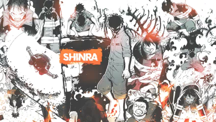 HD desktop wallpaper featuring Shinra Kusakabe from the anime Fire Force, depicting various dynamic and intense scenes with the character in action poses and surrounded by fiery effects.