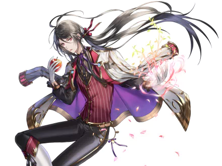 Anime-style original character with long black hair and red eyes holding a glowing apple, detailed in vibrant colors, designed as an HD PC desktop wallpaper.