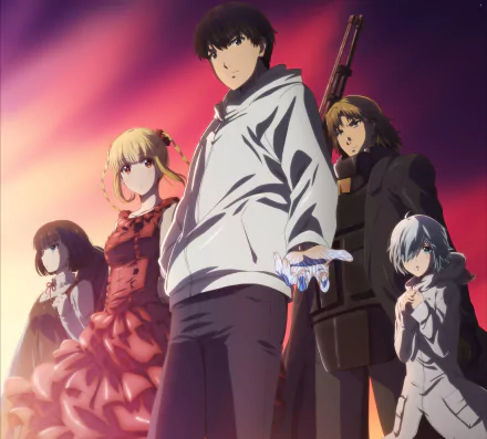 HD anime desktop wallpaper featuring Kaname Sudou, Sui, Rein, and Shuka Karino from Darwin's Game against a vibrant sunset background.