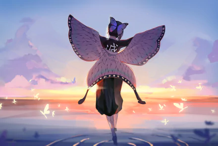 HD desktop wallpaper featuring Shinobu Kochou from Demon Slayer: Kimetsu no Yaiba, standing with butterfly-like wings against a beautiful sunset sky, surrounded by small butterflies.