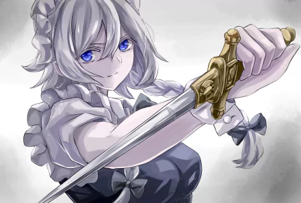 HD anime PC desktop wallpaper featuring Sakuya Izayoi from Touhou, depicted with silver hair, piercing blue eyes, and a poised sword in hand.