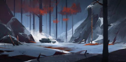 HD PC desktop wallpaper depicting a military tank advancing through a snowy, rocky forest landscape with red foliage and misty atmosphere.