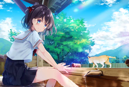 Anime-style girl with short dark hair and blue eyes in a school uniform sits outdoors on a sunny day, accompanied by an anime cat, rendered in HD for a PC wallpaper.